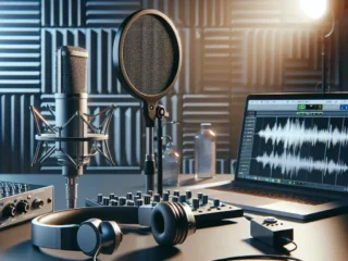 "Professional audio recording setup with a high-quality microphone, pop filter, and soundproofing materials, illustrating essential tips for achieving clean audio in video production."