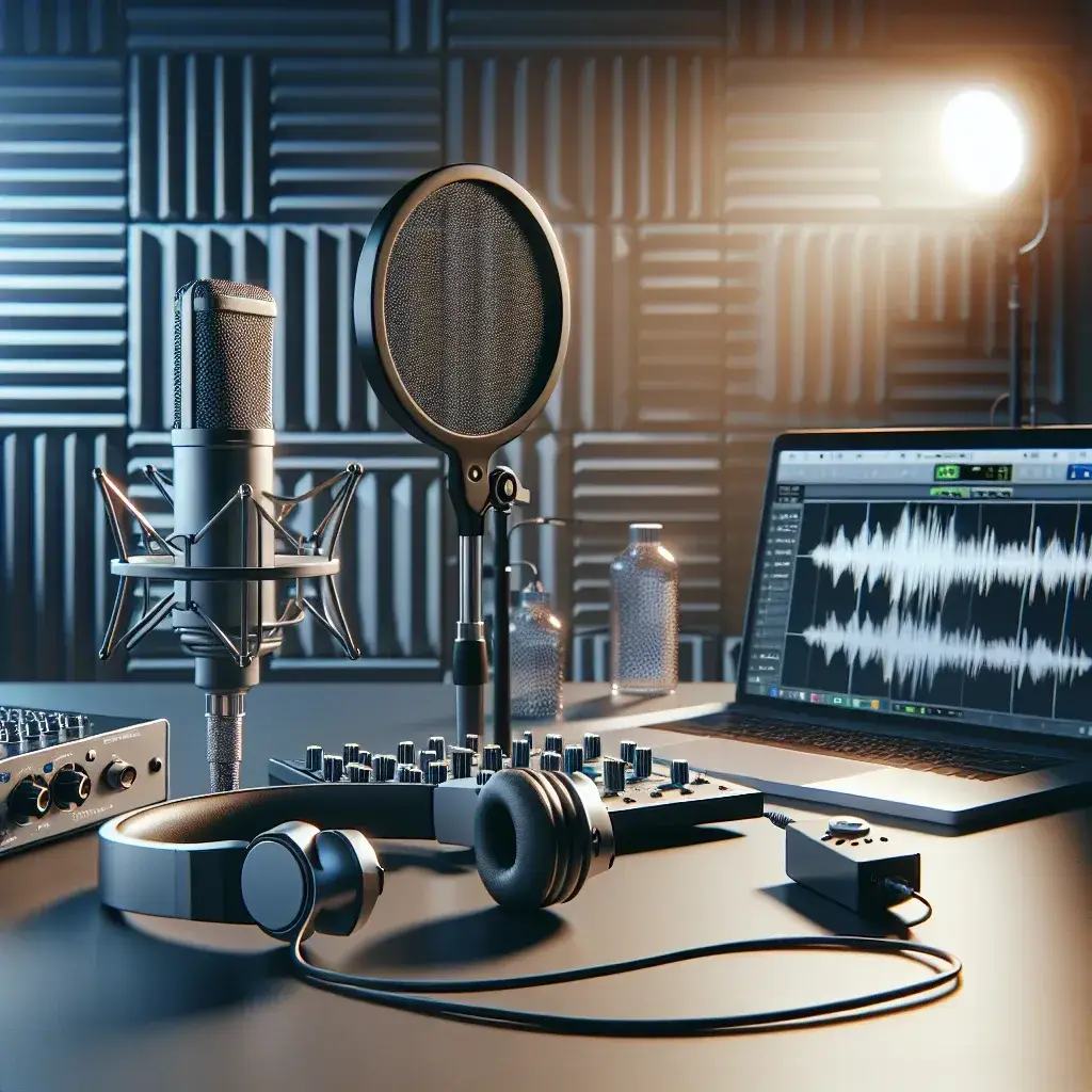 "Professional audio recording setup with a high-quality microphone, pop filter, and soundproofing materials, illustrating essential tips for achieving clean audio in video production."